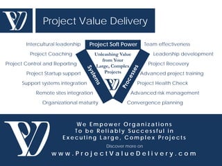 Project Value Delivery

        Intercultural leadership    Project Soft Power         Team effectiveness
         Project Coaching              Unleashing Value           Leadership development
                                          from Your
Project Control and Reporting          Large, Complex           Project Recovery
        Project Startup support            Projects        Advanced project training
      Support systems integration                         Project Health Check
            Remote sites integration                  Advanced risk management
               Organizational maturity               Convergence planning



                           We Empower Organizations
                           To be Reliably Successful in
                        Executing Large, Complex Projects
                                            Discover more on
                   www.ProjectValueDelivery.com
 