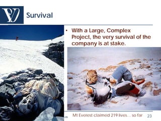 Survival

                            • With a Large, Complex
                              Project, the very survival of the
                              company is at stake.




© Project Value Delivery, 2012
www.ProjectValueDelivery.com
                                 Mt Everest claimed 219 lives… so far   23
 