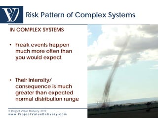 Risk Pattern of Complex Systems

IN COMPLEX SYSTEMS

• Freak events happen
  much more often than
  you would expect



• Their intensity/
  consequence is much
  greater than expected
  normal distribution range

© Project Value Delivery, 2012
www.ProjectValueDelivery.com              25
 