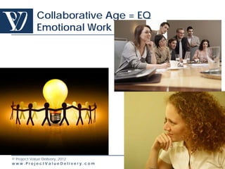 Collaborative Age = EQ
        Emotional Work




© Project Value Delivery, 2012
www.ProjectValueDelivery.com     69
 