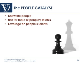 The PEOPLE CATALYST

• Know the people
• Use far more of people’s talents
• Leverage on people’s talents




© Project Value Delivery, 2012
www.ProjectValueDelivery.com         84
 