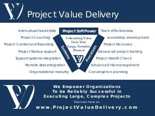 W e E m p o w e r O r g a n i z a t i o n s
T o b e R e l i a b l y S u c c e s s f u l i n
E x e c u t i n g L a r g e , C o m p l e x P r o j e c t s
Discover more on
w w w . P r o j e c t V a l u e D e l i v e r y . c o m
Project Value Delivery
Project Soft Power
Unleashing Value
from Your
Large, Complex
Projects
Project Health Check
Project Coaching
Organizational maturity
Team effectivenessIntercultural leadership
Advanced project trainingProject Startup support
Project Recovery
Advanced risk management
Project Control and Reporting
Support systems integration
Convergence planning
Remote sites integration
Leadership development
 