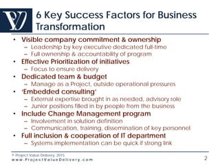 © Project Value Delivery, 2016
w w w . P r o j e c t V a l u e D e l i v e r y . c o m 2
6 Key Success Factors for Business
Transformation
• Visible company commitment & ownership
– Leadership by key executive dedicated full-time
– Full ownership & accountability of program
• Effective Prioritization of initiatives
– Focus to ensure delivery
• Dedicated team & budget
– Manage as a Project, outside operational pressures
• ‘Embedded consulting’
– External expertise brought in as needed, advisory role
– Junior positions filled in by people from the business
• Include Change Management program
– Involvement in solution definition
– Communication, training, dissemination of key personnel
• Full inclusion & cooperation of IT department
– Systems implementation can be quick if strong link
 