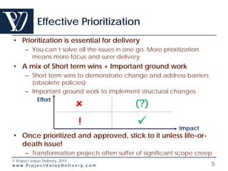 © Project Value Delivery, 2016
w w w . P r o j e c t V a l u e D e l i v e r y . c o m 5
Effective Prioritization
• Prioritization is essential for delivery
– You can’t solve all the issues in one go. More prioritization
means more focus and surer delivery
• A mix of Short term wins + Important ground work
– Short term wins to demonstrate change and address barriers
(obsolete policies)
– Important ground work to implement structural changes
• Once prioritized and approved, stick to it unless life-or-
death issue!
– Transformation projects often suffer of significant scope creep
Effort
Impact

 (?)
!
 