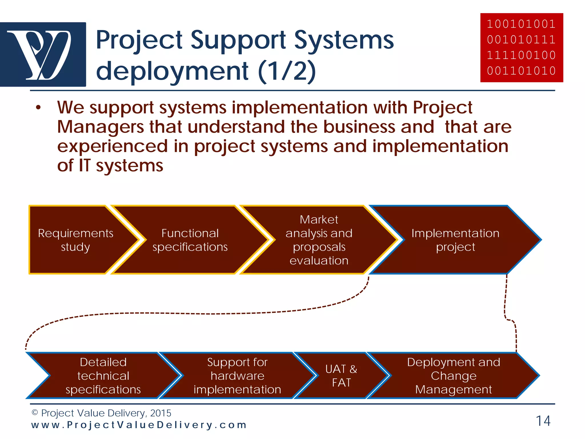 © Project Value Delivery, 2016
w w w . P r o j e c t V a l u e D e l i v e r y . c o m 14
Project Forensics
• In case of past events that need to be further
understood, in particular in the Project Control area
(Cost, Schedule, Risk, Contract Management) – not
real time
• Proprietary checklists with progressive compliance
checks for all Project Control processes
• Identify key dysfunctions and propose practical
plan for process improvement
• Findings are prioritized and conclusions focused on
action-taking
• Contribute to contractual claims production and
discussion as required (forensics of changes etc.)
 