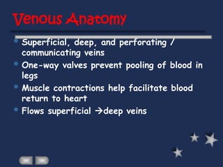 Venous Anatomy
 Superficial, deep, and perforating /
communicating veins
 One-way valves prevent pooling of blood in
legs
 Muscle contractions help facilitate blood
return to heart
 Flows superficial deep veins
 