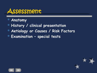 Assessment
 Anatomy
 History / clinical presentation
 Aetiology or Causes / Risk Factors
 Examination – special tests
 