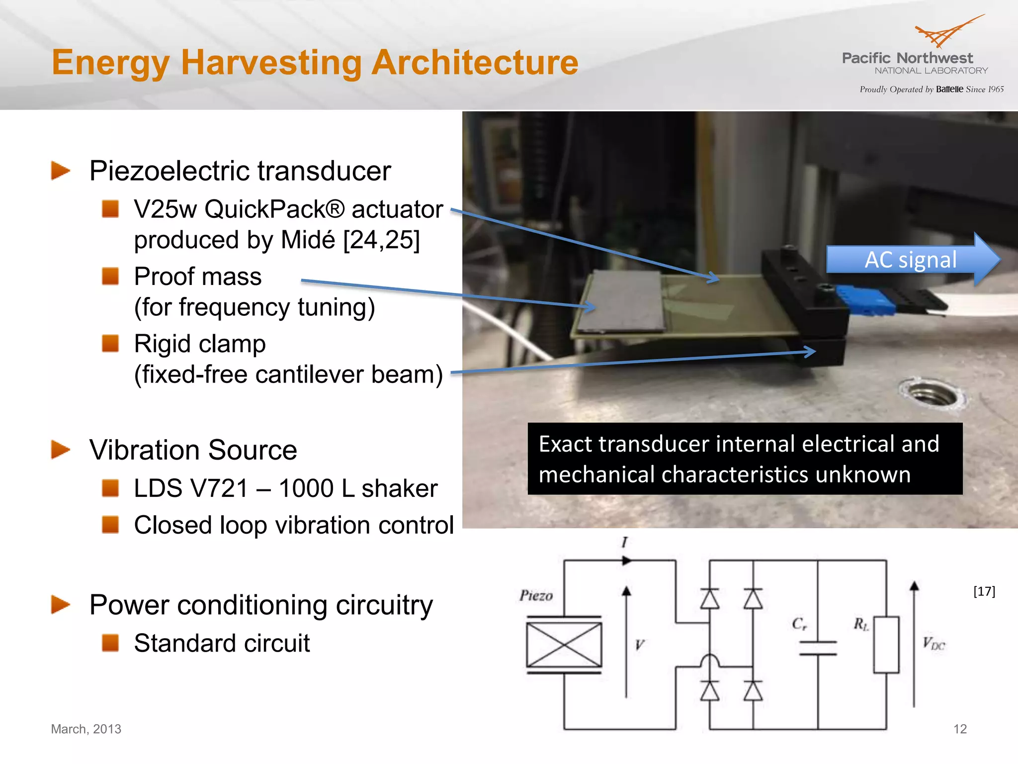 Energy Harvesting Architecture


     Piezoelectric transducer
              V25w QuickPack® actuator
              produced by Midé [24,25]
                                                                              AC signal
              Proof mass
              (for frequency tuning)
              Rigid clamp
              (fixed-free cantilever beam)


     Vibration Source                         Exact transducer internal electrical and
                                              mechanical characteristics unknown
              LDS V721 – 1000 L shaker
              Closed loop vibration control

                                                                                              [17]
     Power conditioning circuitry
              Standard circuit


March, 2013                                                                              12
 