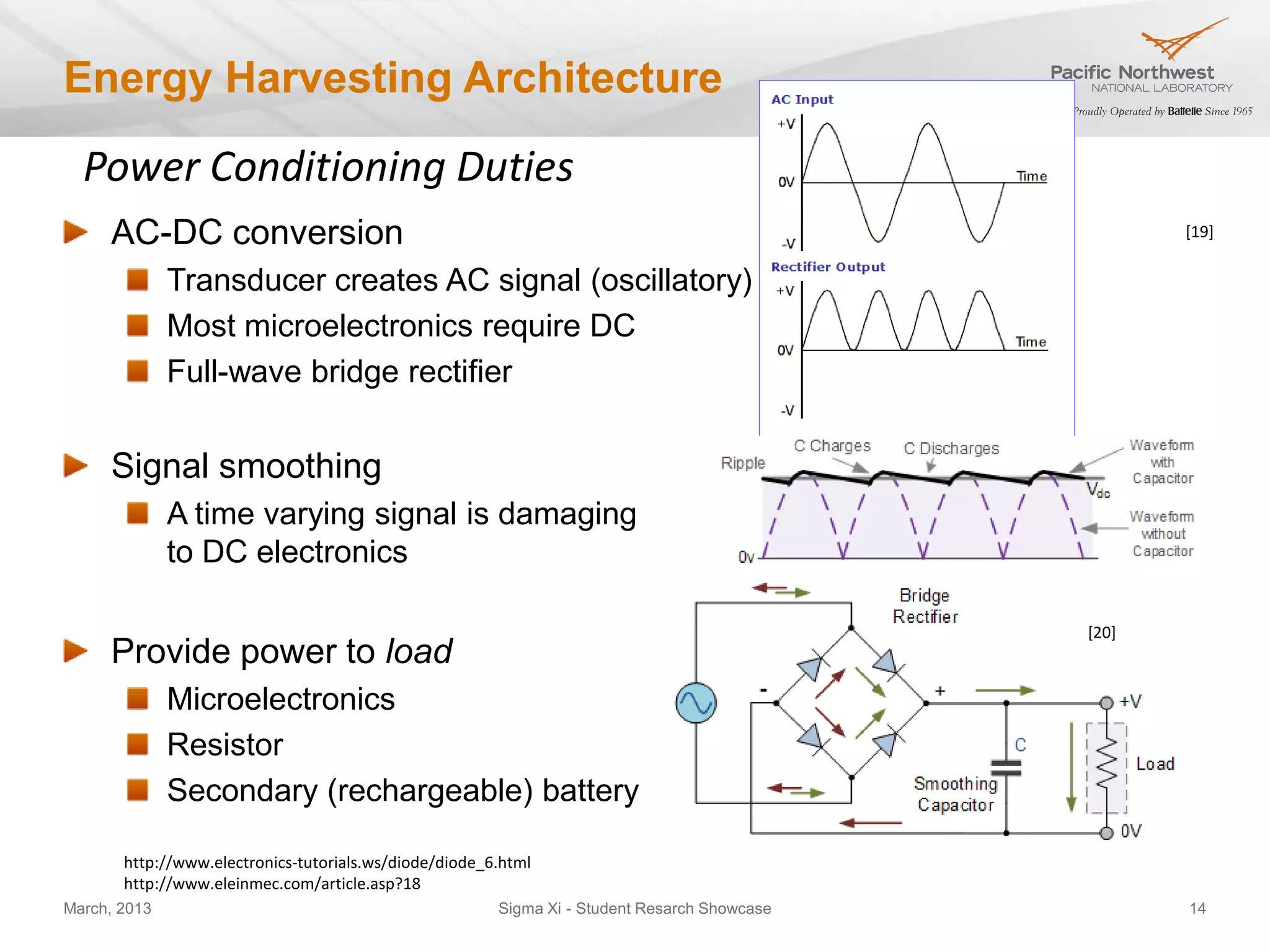 Energy Harvesting Architecture

  Power Conditioning Duties
     AC-DC conversion                                                                                [19]


              Transducer creates AC signal (oscillatory)
              Most microelectronics require DC
              Full-wave bridge rectifier


     Signal smoothing
              A time varying signal is damaging
              to DC electronics

                                                                                              [20]
     Provide power to load
              Microelectronics
              Resistor
              Secondary (rechargeable) battery

       http://www.electronics-tutorials.ws/diode/diode_6.html
       http://www.eleinmec.com/article.asp?18
March, 2013                                             Sigma Xi - Student Resarch Showcase          14
 