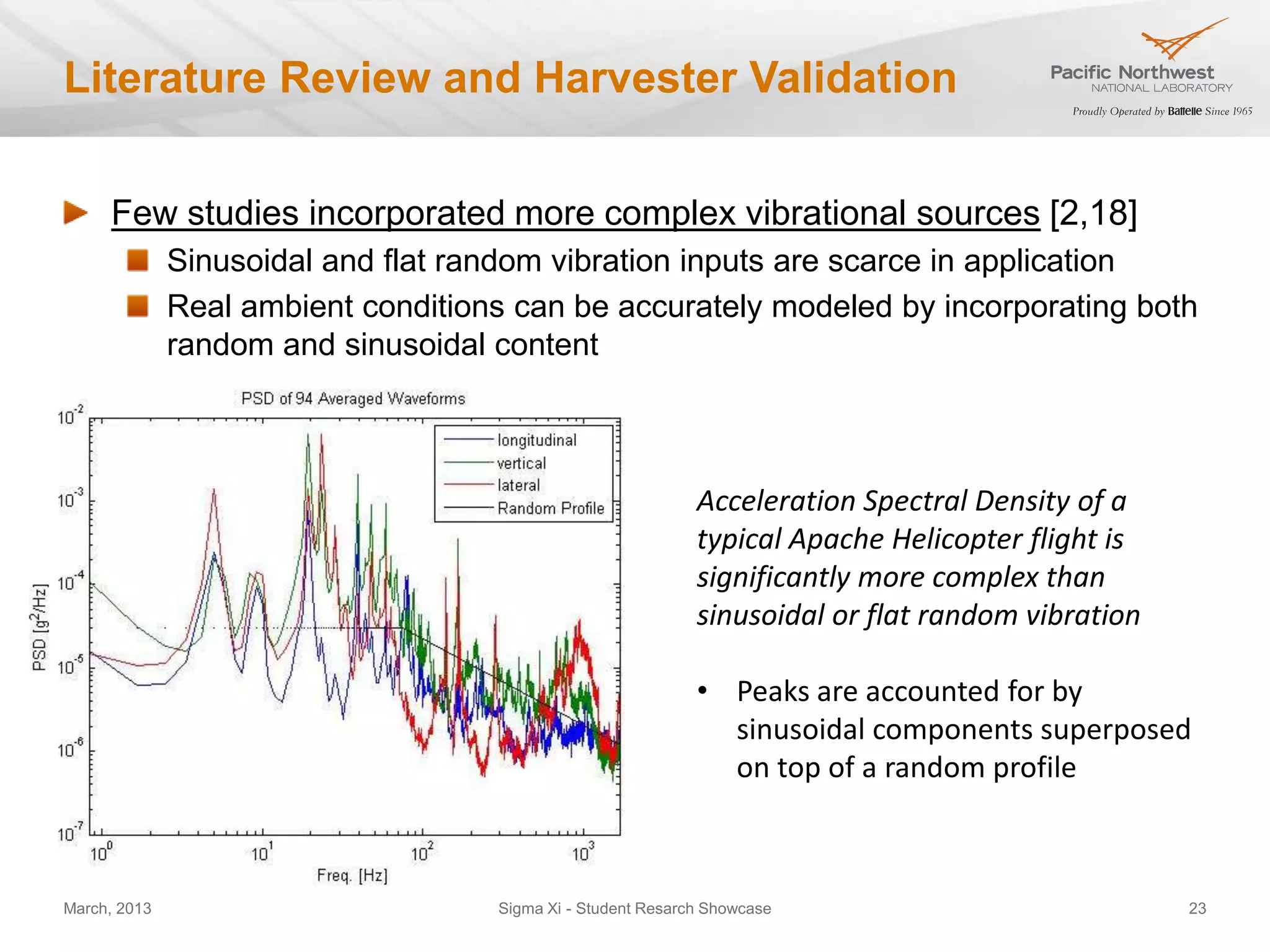 Literature Review and Harvester Validation


     Few studies incorporated more complex vibrational sources [2,18]
              Sinusoidal and flat random vibration inputs are scarce in application
              Real ambient conditions can be accurately modeled by incorporating both
              random and sinusoidal content



                                                             Acceleration Spectral Density of a
                                                             typical Apache Helicopter flight is
                                                             significantly more complex than
                                                             sinusoidal or flat random vibration

                                                             • Peaks are accounted for by
                                                               sinusoidal components superposed
                                                               on top of a random profile



March, 2013                         Sigma Xi - Student Resarch Showcase                            23
 