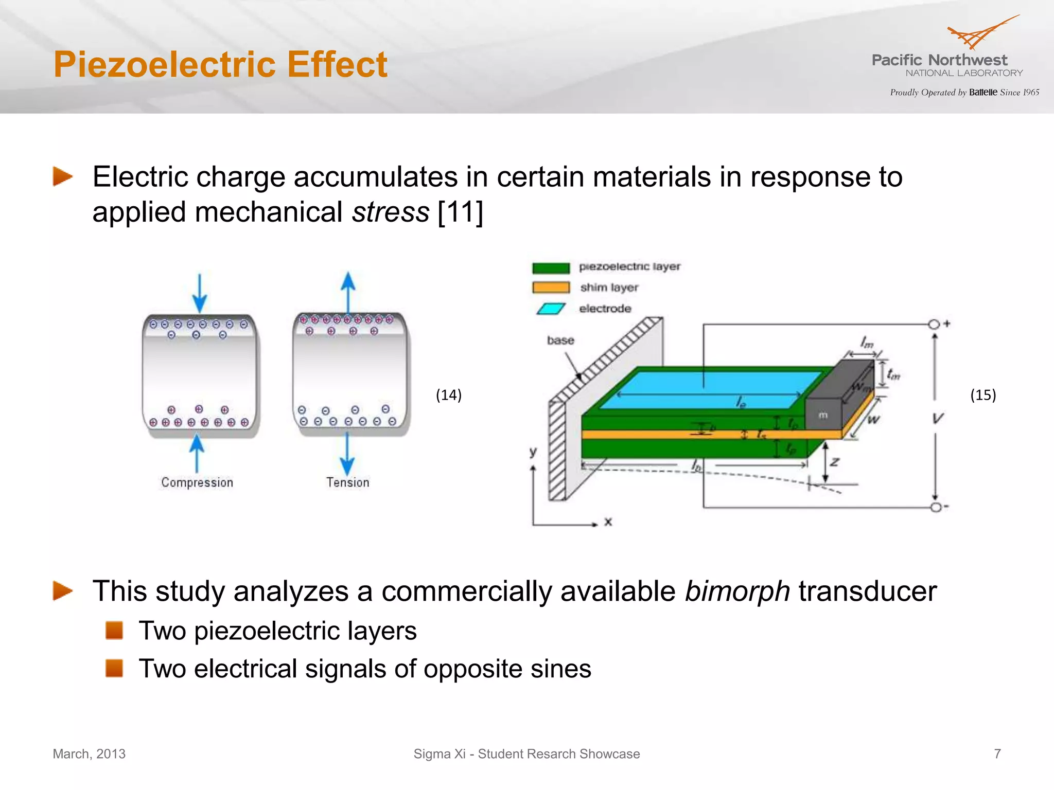 Piezoelectric Effect


     Electric charge accumulates in certain materials in response to
     applied mechanical stress [11]




                                         (14)                               (15)




     This study analyzes a commercially available bimorph transducer
              Two piezoelectric layers
              Two electrical signals of opposite sines


March, 2013                           Sigma Xi - Student Resarch Showcase      7
 