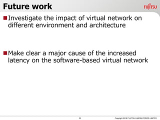 Future work
Investigate the impact of virtual network on
different environment and architecture
Make clear a major cause of the increased
latency on the software-based virtual network
22 Copyright 2018 FUJITSU LABORATORIES LIMITED
 