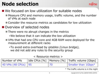 Node selection
 We focused on low utilization for suitable nodes
 Measure CPU and memory usage, traffic volume, and the number
of VMs at each node
 Consider the resource metrics as candidates for low utilization
 Overview of selected nodes
 There were no abrupt changes in the metrics
•We believe that it can indicate the low utilization
 VMs that had one CPU core and 4GB RAM were deployed for the
measurement at different racks
•To avoid extra overhead by iptables (Linux bridge),
we did not add any rules to the security group
8 Copyright 2018 FUJITSU LABORATORIES LIMITED
Number of VMs Idle CPUs [%] Memory [%] Traffic volume [Gbps]
40 VMs (48 CPUs) 95 70 Smaller than 1Gbps*
* The traffic volume is in the night
< Resource metrics >
 