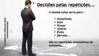 * Decisões pelas repetições...
23/ 30
A mesma coisa serve para :
 Alcoolismo;
 Gula
 Prazer
 Vitória
 Êxito
 Derrota...
São as repetições sistemáticas de
estímulos...
Ocomércioutiliza-sedisso
constantemente.
...
 