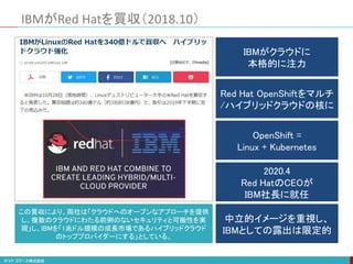 IBMがRed Hatを買収（2018.10）
この買収により、両社は「クラウドへのオープンなアプローチを提供
し、複数のクラウドにわたる前例のないセキュリティと可搬性を実
現」し、IBMを「1兆ドル規模の成長市場であるハイブリッドクラウド
のトッププロバイダーにする」としている。
IBMがクラウドに
本格的に注力
Red Hat OpenShiftをマルチ
/ハイブリッドクラウドの核に
OpenShift =
Linux + Kubernetes
2020.4
Red HatのCEOが
IBM社長に就任
中立的イメージを重視し、
IBMとしての露出は限定的
 
