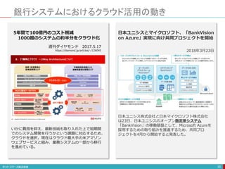 銀行システムにおけるクラウド活用の動き
30
日本ユニシスとマイクロソフト、「BankVision
on Azure」実現に向け共同プロジェクトを開始
2018年3月23日
日本ユニシス株式会社と日本マイクロソフト株式会社
は23日、日本ユニシスのオープン勘定系システム
「BankVision」の稼働基盤として、Microsoft Azureを
採用するための取り組みを推進するため、共同プロ
ジェクトを4月から開始すると発表した。
いかに費用を抑え、最新技術も取り入れた上で短期間
でのシステム開発を行うかという課題に対応するため、
クラウドを選択。現在はクラウド最大手の米アマゾン
ウェブサービスと組み、業務システムの一部から移行
を進めている。
5年間で100億円のコスト削減
1000超のシステムの約半分をクラウド化
週刊ダイヤモンド 2017.5.17
https://diamond.jp/articles/-/128045
 