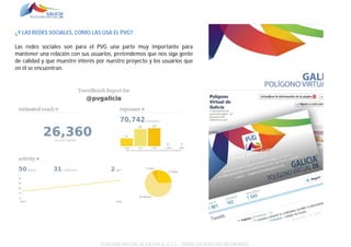 ¿Y LAS REDES SOCIALES, COMO LAS USA EL PVG?
Las redes sociales son para el PVG una parte muy importante para
mantener una relación con sus usuarios, pretendemos que nos siga gente
de calidad y que muestre interés por nuestro proyecto y los usuarios que
en él se encuentran.

POLÍGONO VIRTUAL DE GALICIA SL (E.C.) – TODOS LOS DERECHOS RESERVADOS.

 