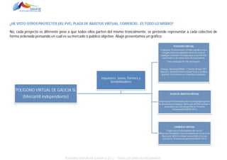¿HE VISTO OTROS PROYECTOS DEL PVG, PLAZA DE ABASTOS VIRTUAL, COMERCIO…ES TODO LO MISMO?
No, cada proyecto es diferente pese a que todos ellos parten del mismo troncalmente, se pretende representar a cada colectivo de
forma ordenada pensando en cuál es su mercado o público objetivo. Abajo presentamos un gráfico:
POLÍGONO VIRTUAL
Empresas. Profesionales y Emprendedores que
tengan como necesidad la venta On-Line en
cualquier formato. Pensado para un perfil más
exportador o de venta fuera de la provincia.
Tasa municipal de 10€ mensuales.
Incluye: Hosting 500MG, 1 Tienda Virtual, TPV
Bancario, Asesoramiento inicial Fiscal y Jurídico
gratuito. Descuentos en empresas asociadas.

Impulsores, Socios, Partners y
Sensibilizadores

POLÍGONO VIRTUAL DE GALICIA SL
PLAZA DE ABASTOS VIRTUAL

(Mercantil Independiente)

Empresas y Profesionales del sector Agropecuario o
de productos ecologicos. Bases por definir en base a
acuerdos o no con plazas fisicas. Previsto
lanzamiento MAYO 2014

COMERCIO VIRTUAL
Empresas y Profesionales del sector
Minorista/Detallista o con actvidades de venta local.
Bases por definir en base a acuerdos o no con
colectivos. Previsto lanzamiento MAYO 2014

POLÍGONO VIRTUAL DE GALICIA SL (E.C.) – TODOS LOS DERECHOS RESERVADOS.

 