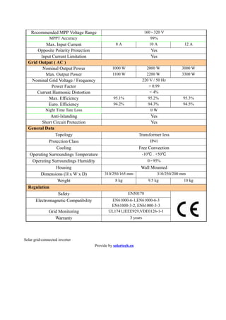 Recommended MPP Voltage Range                                  160～320 V
               MPPT Accuracy                                          99%
          Max. Input Current                    8A                    10 A             12 A
      Opposite Polarity Protection                                    Yes
        Input Current Limitation                                      Yes
  Grid Output ( AC )
         Nominal Output Power                 1000 W                2000 W            3000 W
          Max. Output Power                   1100 W                2200 W            3300 W
   Nominal Grid Voltage / Frequency                               220 V / 50 Hz
              Power Factor                                           > 0.99
      Current Harmonic Distortion                                     < 4%
            Max. Efficiency                    95.1%                 95.2%            95.3%
            Euro. Efficiency                   94.2%                 94.3%            94.5%
             Night Time Tare Loss                                     0W
              Anti-Islanding                                          Yes
         Short Circuit Protection                                     Yes
  General Data
                Topology                                      Transformer less
             Protection Class                                         IP41
                 Cooling                                      Free Convection
   Operating Surroundings Temperature                          -10℃ ~ +50℃
    Operating Surroundings Humidity                                 0～95%
                 Housing                                       Wall Mounted
        Dimensions (H x W x D)           310/250/165 mm                   310/250/200 mm
                 Weight                         8 kg                 9.5 kg            10 kg
  Regulation
                  Safety                               EN50178                             　
     Electromagnetic Compatibility           EN61000-6-1,EN61000-6-3
                                             EN61000-3-2, EN61000-3-3
               Grid Monitoring              UL1741,IEEE929,VDE0126-1-1
                  Warranty                              3 years




Solar grid-connected inverter
                                    Provide by solartech.cn
 