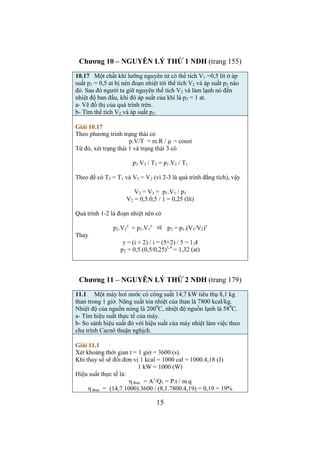 F = 0,02.2002 / (2.0,008) = 5000 (N) 
b- Lại áp dụng định lý động năng cho đoạn d = 0,002 m 
Nhưng bây giờ ta đã biết lực từ câu a (tìm vcuối). Nhân 2 vế của (1) 
với 2/m, có: 
vcuối = SQRT(v2 – 2.F.d / m) 
vcuối = SQRT(2002 – 2.5000.0,002 / 0,02) = 172,2 (m/s) 
Chương 8 – KHÍ LÝ TƯỞNG (trang 127) 
8.5 Có 4 kg khí đựng trong một bình, áp suất 4.106 N/m2. Lấy 
ra khỏi bình một lượng khí đến khi áp suất trong bình bằng 106 
N/m2. Coi nhiệt độ khối khí không đổi. Tính lượng khí đã lấy ra 
Giải 8.5 
Gọi 1 là trạng thái khí khi chưa rút bớt khí với khối lượng là m1 
và 2 là trạng thái sau rút mất lượng khí m (kg) chỉ còn m2 
Theo đề có: 
V2 = V1 ; T2 = T1 
p1.V1 = (m1/ μ).R.T1 
p2.V1 = (m2/ μ).R.T1 
Tìm m2 bằng cách chia (2) (để khử V1 và T1): 
m2 / m1 = p2 / p1 
13 
Vậy có: 
m = m1 – m2 = m1.(1 – p2 / p1) = 4.(1 – ¼) = 3 (kg) 
8.6 Người ta bơm khí Hyđrô vào một khí cầu để cuối cùng 
được thể tích 300 m3, nhiệt độ 200C và áp suất 750 mmHg. Nếu 
mỗi giây bơm được 20 gam thì sau bao lâu bơm xong 
Giải 8.6 
Cách giải: tính khối lượng khí m trong khí cầu khi đã bơm xong 
rồi chia m cho khối lượng khí bơm vào trong 1 giây m1 
Thực hiện: 
p.V = (m / μ).R / T 
Từ đó có: 
t = m / m1 = p.V. μ / (R.T.m1) 
t = (750/736).9,81.104.300.2/(8.31.103.(20+273).0,002) = 985 (s) 
 