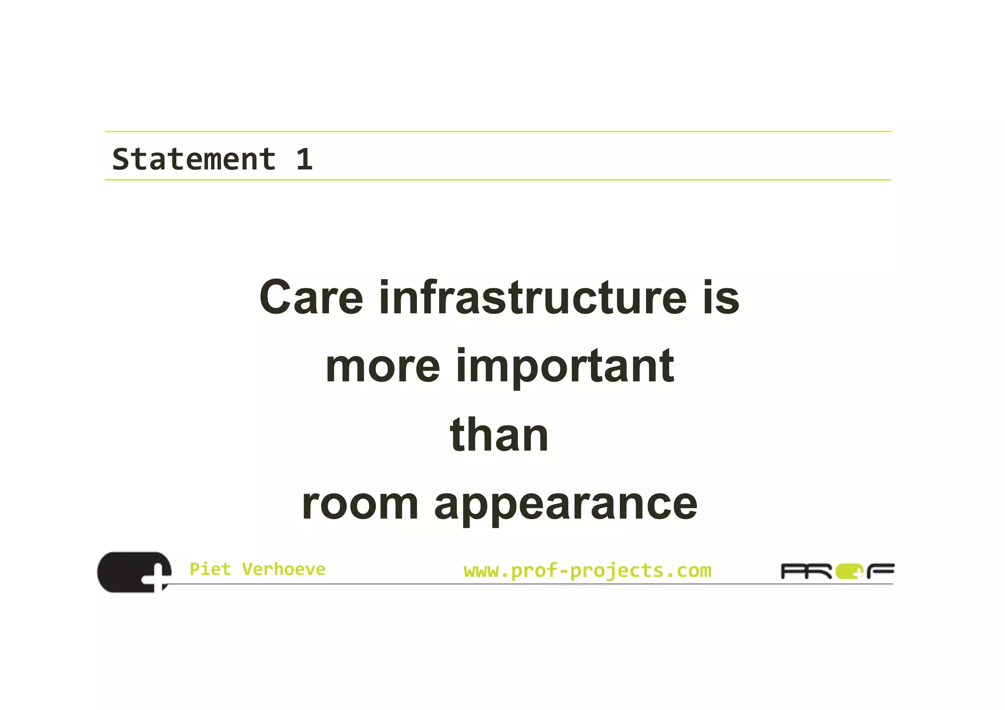Piet	
  Verhoeve	
   www.prof-­‐projects.com
Statement	
  1	
  
Care infrastructure is
more important
than
room appearance
 
