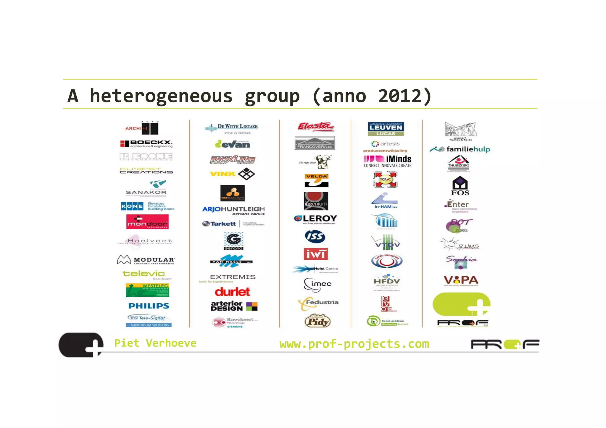 Piet	
  Verhoeve	
   www.prof-­‐projects.com
A	
  heterogeneous	
  group	
  (anno	
  2012)	
  
 