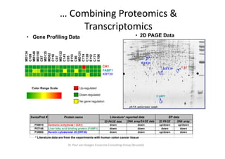 … Combining Proteomics & 
                            Transcriptomics
• Gene Profiling Data                                                            • 2D PAGE Data
MD134

MD149
MD150

MD135



MD133




MD121
MD82
C109




C141




C174
C139

C171
C118




E106
E113




E112
C87



C97


C95

C86
C


C


C
C

C
C

C

C
C

C
                                                                                       KRT20
                                                          CA1                                                             CA1
                                                                                                             KRT20
                                                          FABP1
                                                          KRT20



  Color Range Scale                     Up-regulated

                                        Down-regulated                                                FABP1
                                        No gene regulation
                                                                            pH 5-8; patient tumor sample




 SwissProt #               Protein name                      Literature* reported data                          EP data
                                                          2D PAGE data    DNA array/SAGE data              2D PAGE   DNA array
   P00915      Carbonic anhydrase I (CA1)                     down               down                      up/down    up/down
   P07148      Liver fatty acid binding protein (FABP1)       down               down                        down      down
   P35900      Keratin cytoskeletal 20 (
                         y             (KRT20))               down               down                      up/down     down
    * Literature data are from the experiments with human colon cancer tissue

                              Dr. Paul von Hoegen Euraccine Consulting Group (Brussels)
 