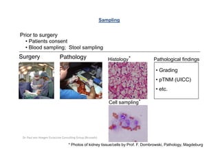 Sampling


Prior to surgery
  • Patients consent
  • Blood sampling; Stool sampling
Surgery
   g y                       Pathology
                                    gy                          Histology *         Pathological findings

                                                                                     • Grading
                                                                                     • pTNM (UICC)
                                                                                     • etc.

                                                                Cell sampling*




 Dr. Paul von Hoegen Euraccine Consulting Group (Brussels)

                                    * Photos of kidney tissue/cells by Prof. F. Dombrowski, Pathology, Magdeburg
 