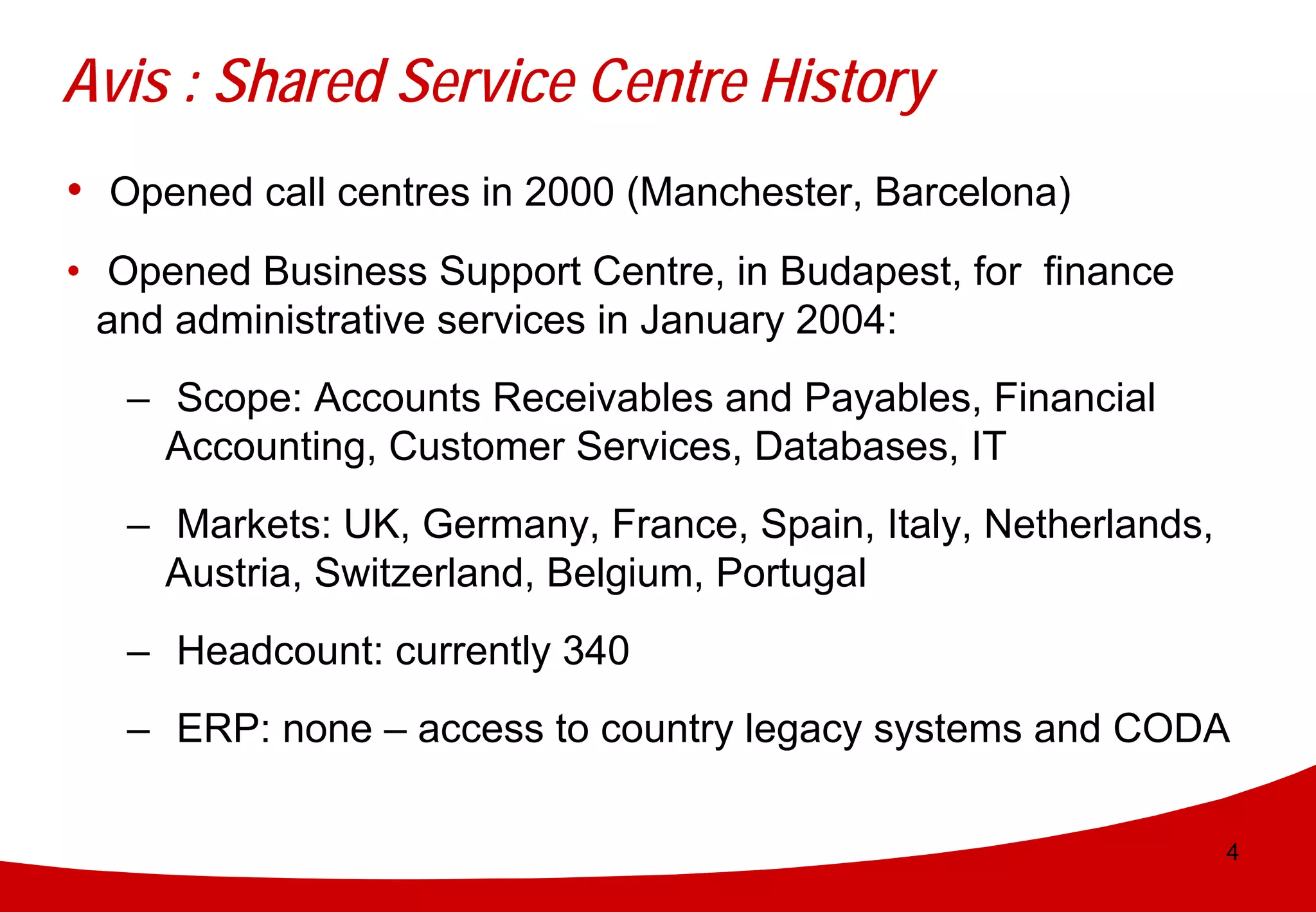 Avis : Shared Service Centre History
• Opened call centres in 2000 (Manchester, Barcelona)
• Opened Business Support Centre, in Budapest, for finance
  and administrative services in January 2004:
   – Scope: Accounts Receivables and Payables, Financial
     Accounting, Customer Services, Databases, IT
   – Markets: UK, Germany, France, Spain, Italy, Netherlands,
     Austria, Switzerland, Belgium, Portugal
   – Headcount: currently 340
   – ERP: none – access to country legacy systems and CODA

                                                                4
 