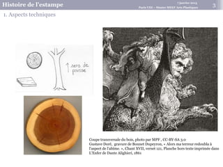 7 janvier 2015
Histoire de l’estampe Paris VIII – Master MEEF Arts Plastiques
Coupe transversale du bois, photo par MPF , CC-BY-SA 3.0
Gustave Doré, gravure de Bonnet Dupeyron, « Alors ma terreur redoubla à
l'aspect de l'abîme. », Chant XVII, verset 121, Planche hors texte imprimée dans
L'Enfer de Dante Alighieri, 1861
1. Aspects techniques
3
 