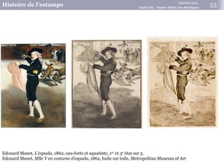 7 janvier 2015
Histoire de l’estampe Paris VIII – Master MEEF Arts Plastiques
Edouard Manet, L’espada, 1862, eau-forte et aquatinte, 1er et 3e état sur 3.
Edouard Manet, Mlle V en costume d’espada, 1862, huile sur toile, Metropolitan Museum of Art
53
 