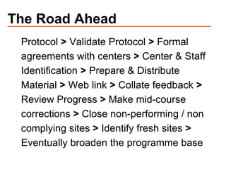 The Road Ahead Protocol  >  Validate Protocol  >  Formal agreements with centers  >  Center & Staff Identification  >  Prepare & Distribute Material  >  Web link  >  Collate feedback  >  Review Progress  >  Make mid-course corrections  >  Close non-performing / non complying sites  >  Identify fresh sites  >  Eventually broaden the programme base   