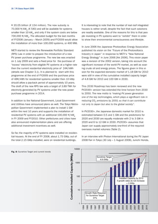 30 | PV Status Report 2009




¥ 20.05 billion (€ 154 million). The new subsidy is                                                  It is interesting to note that the number of real roof integrated
70,000 ¥/kWp (€ 540) and will be available for systems                                               houses is rather small, despite the fact that such solutions
smaller than 10 kWp, and only if the system costs are below                                          are readily available. One of the reasons for this is that peo-
700,000 ¥/kWp. The allocated budget for the last months                                              ple investing in PV systems want to “exhibit” them in order
of FY2008 (January – March 2009) and FY2009 would allow                                              to show their environmental consciousness and lifestyle.
the installation of more than 100,000 systems, or 400 MW.
                                                                                                     In June 2006 the Japanese Photovoltaic Energy Association
METI started to review the Renewable Portfolio Standard                                              published its vision on the “Future of the Photovoltaics
(RPS) Law in order to prepare the introduction of a new                                              Industry in Japan” in response to METI's “New National
PV power purchase programme. The new law was enacted                                                 Energy Strategy” in June 2006 [Ikk 2006]. This vision paper
on 1 July 2009 and sets a fixed price for the purchase of                                            was a revision of the 2002 version, taking into account the
"excess" electricity from eligible PV systems at a higher rate                                       significant increase of the world PV market, as well as soar-
then the current residential electricity price of ∼24¥/kWh                                           ing crude oil and energy prices. The figures given in this vi-
(details see Chapter 3.1). It is planned to start with this                                          sion for the expected domestic market of 1.18 GW for 2010
programme at the end of FY2009 and the purchase price                                                were still in view of the cumulative installed capacity target
of 48¥/kWh for residential systems smaller then 10 kWp                                               of 4.8 GW for 2010 and 100 GW in 2030.
should allow a pay-back period of approximately 10 years.
The draft of the new RPS law sets a target of 3.89 TWh for                                           This 2030 Roadmap has been reviewed and the new
electricity generated by PV systems under the new power                                              PV2030+ version has extended the time horizon from 2030
purchase programme in 2014.                                                                          to 2050. The new motto is “making PV power generation
                                                                                                     one of the key technologies, which plays a significant role in
In addition to the National Government, Local Government                                             reducing CO2 emissions by 2050, so that it can contribute
and Utilities have announced plans as well. The Tokyo Metro-                                         not only to Japan but also to the global society”.
politan Government implemented a plan to install 1 GW
within the next 10 years and supports the installation of                                            In PV2030+, the Japanese domestic market for 2010 is
residential PV systems with an additional 100,000 ¥/kWp                                              estimated between 0.5 and 1 GW and the predictions for
in FY 2009 and FY2010. Other prefectures and cities have                                             2020 and 2030 are equally moderate with 2 to 3 GW in
also announced implementation plans and are offering                                                 2020 and 6 to 12 GW in 2030. PV2030+ assumes that
additional investment incentives as well.                                                            Japan can supply approximately one-third of the required
                                                                                                     overseas market volumes (Table 2).
So far, the majority of PV systems were installed on residen-
tial houses. At the end of FY 2008, about 1.75 GWp, out of                                           In an interview with Photon International during the PV Japan
the total 2.15 GWp installed, were on residential buildings.                                         2008 Fair in Tokyo (30 July – 1 August 2008), Junichi Honda,


                                                                                             10000
Fig. 8: Sunshine Target and current trends
                                                       Cumulative Installed Capacity [MWp]




                                                                                                                                 Sunshine Target
                                                                                                                                    4.8 GWp
                                                                                              1000




                                                                                               100
                                                                                                                                                                         Installed Capacity by 2010
                                                                                                                                                                     if growth rates do not increase
                                                                                                                                                                                  < 3 GWp


                                                                                                10
                                                                                                            Growth Rate Required
                                                                                                             for Sunshine Target
                                                                                                                    37%

                                                                                                 1
                                                                                                     1994
                                                                                                            1995
                                                                                                                   1996
                                                                                                                          1997
                                                                                                                                  1998
                                                                                                                                         1999
                                                                                                                                                2000
                                                                                                                                                       2001
                                                                                                                                                              2002
                                                                                                                                                                     2003
                                                                                                                                                                            2004
                                                                                                                                                                                   2005
                                                                                                                                                                                          2006
                                                                                                                                                                                                 2007
                                                                                                                                                                                                        2008
                                                                                                                                                                                                               2009
                                                                                                                                                                                                                      2010
 