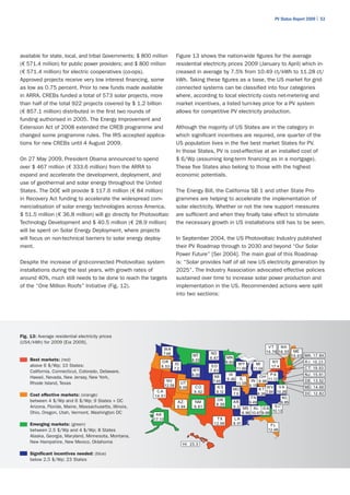 PV Status Report 2009 | 53




available for state, local, and tribal Governments; $ 800 million         Figure 13 shows the nation-wide figures for the average
(€ 571.4 million) for public power providers; and $ 800 million           residential electricity prices 2009 (January to April) which in-
(€ 571.4 million) for electric cooperatives (co-ops).                     creased in average by 7.5% from 10.49 ct/kWh to 11.28 ct/
Approved projects receive very low interest financing, some               kWh. Taking these figures as a base, the US market for grid-
as low as 0.75 percent. Prior to new funds made available                 connected systems can be classified into four categories
in ARRA, CREBs funded a total of 573 solar projects, more                 where, according to local electricity costs net-metering and
than half of the total 922 projects covered by $ 1.2 billion              market incentives, a listed turn-key price for a PV system
(€ 857.1 million) distributed in the first two rounds of                  allows for competitive PV electricity production.
funding authorised in 2005. The Energy Improvement and
Extension Act of 2008 extended the CREB programme and                     Although the majority of US States are in the category in
changed some programme rules. The IRS accepted applica-                   which significant incentives are required, one quarter of the
tions for new CREBs until 4 August 2009.                                  US population lives in the five best market States for PV.
                                                                          In those States, PV is cost-effective at an installed cost of
On 27 May 2009, President Obama announced to spend                        $ 6/Wp (assuming long-term financing as in a mortgage).
over $ 467 million (€ 333.6 million) from the ARRA to                     These five States also belong to those with the highest
expand and accelerate the development, deployment, and                    economic potentials.
use of geothermal and solar energy throughout the United
States. The DOE will provide $ 117.6 million (€ 84 million)               The Energy Bill, the California SB 1 and other State Pro-
in Recovery Act funding to accelerate the widespread com-                 grammes are helping to accelerate the implementation of
mercialisation of solar energy technologies across America.               solar electricity. Whether or not the new support measures
$ 51.5 million (€ 36.8 million) will go directly for Photovoltaic         are sufficient and when they finally take effect to stimulate
Technology Development and $ 40.5 million (€ 28.9 million)                the necessary growth in US installations still has to be seen.
will be spent on Solar Energy Deployment, where projects
will focus on non-technical barriers to solar energy deploy-              In September 2004, the US Photovoltaic Industry published
ment.                                                                     their PV Roadmap through to 2030 and beyond “Our Solar
                                                                          Power Future” [Sei 2004]. The main goal of this Roadmap
Despite the increase of grid-connected Photovoltaic system                is: “Solar provides half of all new US electricity generation by
installations during the last years, with growth rates of                 2025”. The Industry Association advocated effective policies
around 40%, much still needs to be done to reach the targets              sustained over time to increase solar power production and
of the “One Million Roofs” Initiative (Fig. 12).                          implementation in the US. Recommended actions were split
                                                                          into two sections:




Fig. 13: Average residential electricity prices
(US¢/kWh) for 2009 [Eia 2009].
                                                                                                                              VT    NH
                                                               WA
                                                                                                                             14.76 16.55     ME
                                                               7.66                        ND
                                                                                   MT                                                       15.63 MA: 17.84
                                                                                           6.87      MN
     Best markets: (red)                                      OR                   8.55                                         NY                R I: 16.23
                                                                      ID                             9.83    WY       MI
     above 6 $/Wp; 10 States:                                 8.53                         SD                                  17.4
                                                                      7.2                                   11.99    11.04                        C T: 19.93
     California, Connecticut, Colorado, Delaware,                                  WY      7.83
                                                                                   8.05               IA                        PA                NJ: 15.91
     Hawaii, Nevada, New Jersey, New York,                                                   NE                          OH
                                                                                                     9.46     IL
                                                                   NV                       7.45                    IN 9.96 11.12                 DE: 13.52
     Rhode Island, Texas                                          12.58
                                                                             UT                             11.38
                                                                                                                   9.15
                                                                            8.09    CO         KS                            WV V A               MD: 14.66
                                                                                                        MO               KT
                                                            CA                      9.42      9.12                           7.64 10.26
     Cost effective markets: (orange)                                                                   7.5             8.26                      DC: 12.82
                                                           14.51                                                    TN                NC
     between 4 $/Wp and 6 $/Wp; 9 States + DC                                                 OK
                                                                          AZ:       NM                  AR         9.49              9.85
                                                                                              8.56                                SC
     Arizona, Florida, Maine, Massachusetts, Illinois,                    9.94      9.81                9.3    MS AL G A
     Ohio, Oregon, Utah, Vermont, Washington DC                                                                                  10.13
                                                           AK                                                  9.96 10.47 9.68
                                                          17.10                               TX         LA
     Emerging markets: (green)                                                               12.96      8.91                   FL
     between 2.5 $/Wp and 4 $/Wp; 8 States                                                                                    12.48
     Alaska, Georgia, Maryland, Minnesota, Montana,
     New Hampshire, New Mexico, Oklahoma                                     HI: 23.3

     Significant incentives needed: (blue)
     below 2.5 $/Wp; 23 States
 
