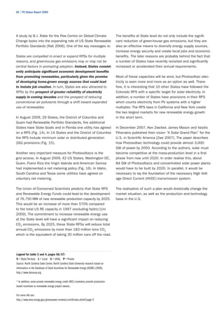 58 | PV Status Report 2009




A study by B.J. Rabe for the Pew Centre on Global Climate                                 The benefits at State level do not only include the signifi-
Change looks into the expanding role of US State Renewable                                cant reduction of green-house gas emissions, but they are
Portfolio Standards [Rab 2006]. One of the key messages is:                               also an effective means to diversify energy supply sources,
                                                                                          increase energy security and create local jobs and economic
States are compelled to enact or expand RPSs for multiple                                 benefits. The later reasons are probably behind the fact that
reasons, and greenhouse gas emissions may or may not be                                   a number of States have recently revisited and significantly
central factors in prompting adoption. Instead, States consist-                           increased or accelerated their annual requirements.
ently anticipate significant economic development benefits
from promoting renewables, particularly given the promise                                 Most of these capacities will be wind, but Photovoltaic elec-
of developing home-grown energy sources that could lead                                   tricity is seen more and more as an option as well. There-
to instate job creation. In turn, States are also attracted to                            fore, it is interesting that 10 other States have followed the
RPSs by the prospect of greater reliability of electricity                                Colorado RPS with a specific target for solar electricity. In
supply in coming decades and the prospect of reducing                                     addition, a number of States have provisions in their RPS
conventional air pollutants through a shift toward expanded                               which counts electricity from PV systems with a higher
use of renewables.                                                                        multiplier. The RPS laws in California and New York create
                                                                                          the two largest markets for new renewable energy growth
In August 2009, 29 States, the District of Columbia and                                   in the short term.
Guam had Renewable Portfolio Standards, five additional
States have State Goals and in Florida one utility has agreed                             In December 2007, Ken Zweibel, James Mason and Vasilis
on a RPS (Fig. 14). In 14 States and the District of Columbia                             Fthenakis published their vision “A Solar Grand Plan” for the
the RPS include minimum solar or distributed generation                                   U.S. in Scientific America [Zwe 2007]. The paper describes
(DG) provisions (Fig. 15).                                                                how Photovoltaic technology could provide almost 3,000
                                                                                          GW of power by 2050. According to the authors, solar must
Another very important measure for Photovoltaics is the                                   become competitive at the mass-production level in a first
grid access. In August 2009, 42 US States, Washington DC,                                 phase from now until 2020. In order realise this, about
Guam, Puero Rico the Virgin Islands and American Samoa                                    84 GW of Photovoltaics and concentrated solar power plants
had implemented a net metering policy (Fig. 16). In Idaho,                                would have to be built by 2020. In parallel, it would be
South Carolina and Texas some utilities have agreed on                                    necessary to lay the foundation of the necessary High Volt-
voluntary net metering.                                                                   age Direct Current (HVDC) transmission system.

The Union of Concerned Scientists predicts that State RPS                                 The realisation of such a plan would drastically change the
and Renewable Energy Funds could lead to the development                                  market situation, as well as the production and technology
of 76,750 MW of new renewable production capacity by 2025.                                base in the U.S.
This would be an increase of more than 570% compared
to the total US RE capacity in 1997 (excluding hydro) [Uni
2009]. The commitment to increase renewable energy use
at the State level will have a significant impact on reducing
CO2 emissions. By 2025, these State RPSs will reduce total
annual CO2 emissions by more than 183 million tons CO2
which is the equivalent of taking 30 million cars off the road.




Legend for table 3 and 4, pages 56/57:
S = State/Territory L = Local U = Utility P = Private
Source: North Carolina Solar Centre, North Carolina State University research based on
information in the Database of State Incentives for Renewable Energy (DSIRE) (2009).
http://www.dsireusa.org

* In addition, some private renewable energy credit (REC) marketers provide production-
based incentives to renewable energy project owners.

For more info see:
http://www.eere.energy.gov/greenpower/markets/certificates.shtml?page=2
 