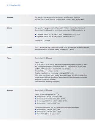 80 | PV Status Report 2009




Denmark                      No specific PV programme, but settlement price for green electricity
                             60 Øre/kWh (0.08 €/kWh) for 10 years, then 10 more years 40 Øre/kWh.




Estonia                      No specific PV programme, but Renewable Portfolio Standard and tax relief.
                             Feed-in tariff for 12 years for electricity produced out of RES except wind is:

                             ■	1.16 EEK/kWh (0.074 €/kWh)18. Start of operation 2007 – 2009
                             ■	0.85 EEK/kWh (0.054 €/kWh) start of operation 2010 ff.

                             18
                                  Exchange rate: 1 € = 15.64 EEK




Finland                      No PV programme, but investment subsidy up to 40% and tax/production subsidy
                             for electricity from renewable energy sources (6.9 €/MWh).




France                       Feed-in tariff for 20 years

                             Tariffs 2009:
                             0.32 €/kWh (0.42 €/kWh in Overseas Departments and Corsica) for 20 years.
                             For building-integrated PV installations there is a supplement of 0.25 €/kWh
                             (0.15 €/kWh in Overseas Departments and Corsica).
                             Since 2009 a new category exists:
                             Rooftop installation on commercial buildings (0.45 €/kWh)
                             50% of the investment costs are tax deductible. Lower VAT of 5.5% on system
                             costs (without labour). Accelerated depreciation of PV systems for enterprises.
                             Regional support still possible.
                             Annual revision according to inflation.




Germany                      Feed-in tariff for 20 years.

                             Tariffs for new installations in 2009:
                             ■	 System size < 30 kW: 0.4301 €/kWh
                             ■	 System size 30 to 100 kW: 0.4091 €/kWh
                             ■	 System size 100 kW to 1 MW: 0.3958 €/kWh
                             ■	 System size > 1 MW: 0.33 €/kWh


                             The annual degression rate for new systems increased as follows:
                             ■	 System size < 100 kW: 2010 – 8%
                             ■	 System size > 100 kW: 2010 – 10%
                             ■	 From 2011: 9% for all system sizes
 