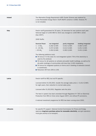 82 | PV Status Report 2009




Ireland                      The Alternative Energy Requirement (AER) Tender Scheme was replaced by
                             a new Renewable Energy Feed in Tariff (ReFIT) scheme in 2006. However, PV
                             is not included.




Italy                        Feed-in tariff guaranteed for 20 years. 2% decrease for new systems each year.
                             National target of 2,000 MW for 2015 was changed to 3,000 MW in 2016
                             [Gaz 2007].

                             2009 Tariffs:

                             Nominal Power        not integrated        partly integrated   building integrated
                             1 – 3 kWp            0.392 €/kWh           0.431 €/kWh         0.480 €/kWh
                             3 – 20 kWp           0.372 €/kWh           0.412 €/kWh         0.451 €/kWh
                             > 20 kWp             0.353 €/kWh           0.392 €/kWh         0.431 €/kWh

                             The following additions exist:
                             ■	 5% bonus if in the case of a non-integrated system 70% of the electricity is
                                used by the producer.
                             ■	 5% bonus for all systems on schools and public health buildings, as well as for
                                all public buildings of communities with less than 5,000 inhabitants.
                             ■	 5% bonus for integrated systems on farms and if cladding of asbestos cement
                                is substituted.
                             ■	 Reduction VAT from 20% to 10%




Latvia                       Feed-in tariff for RES, but not PV specific:

                             Licensed before 01.06.2001: double the average sales price (~ 0.101 €/kWh)
                             for eight years, then reduction to normal sales price.

                             Licensed after 01.06.2001: Regulator sets the price

                             The feed in system has been amended through Regulation No. 503 on Electricity
                             Production from RES (in force since August 2007), but without PV provisions.

                             A national investment programme for RES has been running since 2002.




Lithuania                    No specific PV support. National Control Commission for Prices and Energy
                             approves long-term purchase prices for renewable electricity, and grid operators
                             must give priority to its transport.
 