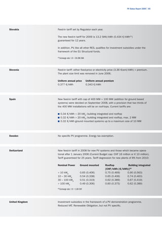 PV Status Report 2009 | 85




Slovakia         Feed-in tariff set by Regulator each year.

                 The new feed-in tariff for 2009 is 13.2 SKK/kWh (0.434 €/kWh21)
                 guaranteed for 12 years.

                 In addition, PV, like all other RES, qualifies for investment subsidies under the
                 framework of the EU Structural funds.

                 21
                      Exchange rate: 1 € = 30.396 SKK




Slovenia         Feed-in tariff: either fixed-price or electricity price (3.36 €cent/kWh) + premium.
                 The plant size limit was removed in June 2006.

                 Uniform annual price                   Uniform annual premium
                 0.377 €/kWh                            0.343 €/kWh




Spain            New feed-in tariff with cap of 400 MW + 100 MW (addition for ground based
                 systems) were decided on September 2008, with a provision that two thirds of
                 the 400 MW installations will be on roof-tops. Current tariffs are:

                 ■	 0.34 €/kWh < 20 kWp; building integrated and rooftop
                 ■	 0.32 €/kWh > 20 kWp; building integrated and rooftop, max. 2 MW
                 ■	 0.32 €/kWh ground mounted systems up to a maximum size of 10 MW




Sweden           No specific PV programme. Energy tax exemption.




Switzerland      New feed-in tariff in 2008 for new PV systems and those which became opera-
                 tional after 1 January 2006 (Current Budget cap: CHF 16 million or € 10 million).
                 Tariff guaranteed for 25 years. Tariff degression for new plants of 8% from 2010:

                 Nominal Power                  Ground mounted         Rooftop         Building integrated
                                                                       [CHF/kWh (€/kWh)]22
                 < 10 kWp                       0.65 (0.406)           0.75 (0.469)   0.90 (0.563)
                 10 – 30 kWp                    0.54 (0.338)           0.65 (0.406)   0.74 (0.463)
                 30 – 100 kWp                   0.51 (0.319)           0.62 (0.389)   0.67 (0.419)
                 > 100 kWp                      0.49 (0.306)           0.60 (0.375)   0.62 (0.389)
                 22
                      Exchange rate: 1 € = 1.60 CHF




United Kingdom   Investment subsidies in the framework of a PV demonstration programme.
                 Reduced VAT. Renewable Obligation, but not PV specific.
 