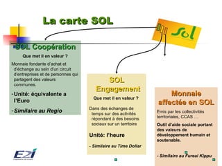 La carte SOL SOL Coopération Que met il en valeur ? Monnaie fondante d’achat et d’échange au sein d’un circuit d’entreprises et de personnes qui partagent des valeurs communes.  Unité: équivalente a l’Euro Similaire au Regio SOL Engagement Que met il en valeur ?  Dans des échanges de temps sur des activités répondant à des besoins sociaux sur un territoire  Unité: l’heure - Similaire au Time Dollar Monnaie affectée en SOL Emis par les collectivités territoriales, CCAS … Outil d’aide sociale portant des valeurs de développement humain et soutenable. -  Similaire au Fureai Kippu 