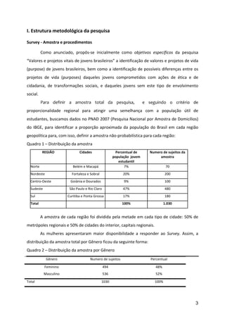 I.	
  Estrutura	
  metodológica	
  da	
  pesquisa	
  

Survey	
  -­‐	
  Amostra	
  e	
  procedimentos	
  
	
  
	
             Como	
   anunciado,	
   propôs-­‐se	
   inicialmente	
   como	
   objetivos	
   específicos	
   da	
   pesquisa	
  
“Valores	
  e	
  projetos	
  vitais	
  de	
  jovens	
  brasileiros”	
  a	
  identificação	
  de	
  valores	
  e	
  projetos	
  de	
  vida	
  
(purpose)	
   de	
   jovens	
   brasileiros,	
   bem	
   como	
   a	
   identificação	
   de	
   possíveis	
   diferenças	
   entre	
   os	
  
projetos	
   de	
   vida	
   (purposes)	
   daqueles	
   jovens	
   comprometidos	
   com	
   ações	
   de	
   ética	
   e	
   de	
  
cidadania,	
   de	
   transformações	
   sociais,	
   e	
   daqueles	
   jovens	
   sem	
   este	
   tipo	
   de	
   envolvimento	
  
social.	
  
               Para	
   definir	
   a	
   amostra	
   total	
   da	
   pesquisa,	
   	
   e	
   seguindo	
   o	
   critério	
   de	
  
proporcionalidade	
   regional	
   para	
   atingir	
   uma	
   semelhança	
   com	
   a	
   população	
   útil	
   de	
  
estudantes,	
  buscamos	
  dados	
  no	
  PNAD	
  2007	
  (Pesquisa	
  Nacional	
  por	
  Amostra	
  de	
  Domicílios)	
  
do	
   IBGE,	
   para	
   identificar	
   a	
   proporção	
   aproximada	
   da	
   população	
   do	
   Brasil	
   em	
   cada	
   região	
  
geopolítica	
  para,	
  com	
  isso,	
  definir	
  a	
  amostra	
  não-­‐probabilística	
  para	
  cada	
  região:	
  
Quadro	
  1	
  –	
  Distribuição	
  da	
  amostra	
  	
  
                REGIÃO                           Cidades	
                            Percentual	
  de	
         Numero	
  de	
  sujeitos	
  da	
  
                                                                                    população	
  	
  jovem	
          amostra
                                                                                       estudantil                            	
  
       Norte                              Belém	
  e	
  Macapá	
                           7%                               70
       Nordeste                          Fortaleza	
  e	
  Sobral	
                           20%                               200
       Centro-­‐Oeste                  Goiânia	
  e	
  Dourados	
                             9%                                100
       Sudeste                        São	
  Paulo	
  e	
  Rio	
  Claro	
                     47%                               480
       Sul                           Curitiba	
  e	
  Ponta	
  Grossa	
                       17%                               180
       Total                                            	
                                    100%                              1.030

               	
  
               A	
  amostra	
  de	
  cada	
  região	
  foi	
  dividida	
  pela	
  metade	
  em	
  cada	
  tipo	
  de	
  cidade:	
  50%	
  de	
  
metrópoles	
  regionais	
  e	
  50%	
  de	
  cidades	
  do	
  interior,	
  capitais	
  regionais.	
  
               As	
   mulheres	
   apresentaram	
   maior	
   disponibilidade	
   a	
   responder	
   ao	
   Survey.	
   Assim,	
   a	
  
distribuição	
  da	
  amostra	
  total	
  por	
  Gênero	
  ficou	
  da	
  seguinte	
  forma:	
  
Quadro	
  2	
  –	
  Distribuição	
  da	
  amostra	
  por	
  Gênero	
  	
  
                   Gênero	
  	
                                Numero	
  de	
  sujeitos	
                        Percentual	
  

                  Feminino	
                                              494	
                                       48%	
  
                 Masculino	
                                              536	
                                       52%	
  

Total	
                                                                  1030	
                                      100%	
  




                                                                                                                                                      3
 