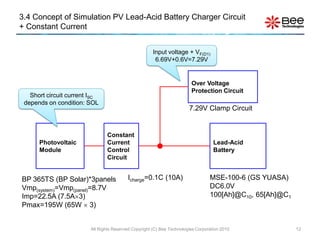 3.4 Concept of Simulation PV Lead-Acid Battery Charger Circuit
+ Constant Current


                                                       Input voltage + VF(D1)
                                                        6.69V+0.6V=7.29V


                                                                         Over Voltage
                                                                         Protection Circuit
   Short circuit current ISC
 depends on condition: SOL
                                                                        7.29V Clamp Circuit


                                Constant
      Photovoltaic              Current                                             Lead-Acid
      Module                    Control                                             Battery
                                Circuit


BP 365TS (BP Solar)*3panels               Icharge=0.1C (10A)                      MSE-100-6 (GS YUASA)
Vmp(system)=Vmp(panel)=8.7V                                                       DC6.0V
Imp=22.5A (7.5A3)                                                                100[Ah]@C10, 65[Ah]@C1
Pmax=195W (65W  3)


                         All Rights Reserved Copyright (C) Bee Technologies Corporation 2010               12
 