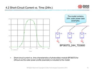 4.2 Short-Circuit Current vs. Time (24hr.)


                                                                                                 The model contains
  25A                                                                                           24hr. solar power data
                                                                                                      (example).
  20A
                                                                                                                                    pv


  15A
                                                                                     pv                   pv             pv

                                                                                 +        U2          +        U3    +        U4
  10A
                                                                                BP365TS              BP365TS        BP365TS




   5A
                                                                                     0                    0              0

   0A
                                                                                          BP365TS_24H_TS3600
        0s          4s    8s       12s       16s        20s      24s
             I(sense)
                                  Time




    •          Short-circuit current vs. time characteristics of photovoltaic module BP365TS for
               24hours as the solar power profile (example) is included to the model.



                               All Rights Reserved Copyright (C) Bee Technologies Corporation 2010                                 16
 