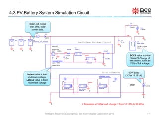 4.3 PV-Battery System Simulation Circuit

                                                                                                                                                                                  D1
                             Solar cell model
                             with 24hr. solar                                                                                                                                     DMOD
                                                                                                                                                                                                       Voch
                              power data.                                                                                                                                                              7.29Vdc

                                         pv                                                                                                                                                        0
                                                    D2
                                                                                                                                                                           batt
                                                    DMOD
 +       U4   +       U3      +       U2                                                                                                                           C1                                         0
                                      BP365TS_24H_TS3600                                                Low-Voltage Shutdown Circuit                               0.1n                           U1




                                                                                                                                                                                   PLUS

                                                                                                                                                                                          MINUS
                                                                                                                                                                                                  MSE-100-6

                                                           VON = 0.7                                                                                           0                                  TSCALE = 3600
                                                                                                 E1                                                                                               SOC1 = 0.7
                                                           RON = 10m                    Ronoff   EVALUE
     0            0               0                        ROFF = 10MEG                                                                      Ronoff1
                                                                                Lctrl                                               batt1
                                                               +   +                             OUT+    IN+
                                                           -       -                             OUT-    IN-
                                                                                  Conoff                          dchth                                                           SOC1 value is initial
                                                           S2                     1n
                                                                       0                                              OUT+    IN+                                                  State Of Charge of
                                                           S                      IC = 5                                                       Conoff1
                                                                                                                      OUT-    IN-
                                                           PARAMETERS:                                                E2                                                          the battery, is set as
                                                           Lopen = 5.55                                               EVALUE
                                                                                                                                                                                   70% of full voltage.
                                                           Lclose = 6.35                                                                      0


                                                                                                                                            DC/DC Converter                  60W Load
                           Lopen value is load                                                                                                                            (3.3Vx18.181A).
                            shutdown voltage.                                                                                       PARAMETERS:
                                                                                                                                    n=1                                                             out_dc
                           Lclose value is load                            IN                                                                            OUT
                            reconnect voltage                                   G1                                      Iomax
                                                                                                                                    E3                                                                        I1
                                                                                IN+       OUT+           IN+    OUT+
                                                                                                                OUT-
                                                                                                                                    IN+  OUT+
                                                                                                                                         OUT-
                                                                                                                                                                                  60W                         18.181A
                                                                                IN-  OUT-                IN-                        IN-
                                                                                GVALUE                   ecal_Iomax                 EVALUE
                                                                                                         EVALUE           0


                                                                                                                                                                                                          0


                                                           0                                                    Simulation at 100W load, change I1 from 18.181A to 30.303A



                                                    All Rights Reserved Copyright (C) Bee Technologies Corporation 2010                                                                                            17
 