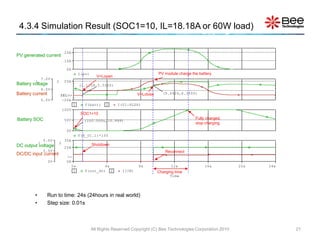 4.3.4 Simulation Result (SOC1=10, IL=18.18A or 60W load)

                                  20A
PV generated current
                                  10A

                                   0A
                                            I(pv)                                     PV module charge the battery
                                                      V=Lopen
                 7.0V
         1               2        20A
Battery voltage                             (1.1208,5.5500)
                 6.0V
Battery current                                                            V=Lclose     (9.4924,6.3500)
                             SEL>>
                 5.0V         -20A
                                        1      V(batt)     2    I(U1:PLUS)
                                 100V
                                             SOC1=10
Battery SOC                       50V                                                                    Fully charged,
                                              (100.000u,10.999)
                                                                                                         stop charging
                                   0V
                                            V(X_U1.1)*100
                  5.0V            30A
             1               2                      Shutdown
DC output voltage                 20A
                  2.5V                                                                    Reconnect
DC/DC input current
                                   >>
                    0V             0A
                                      0s                4s                 8s                12s              16s         20s   24s
                                       1       V(out_dc) 2         I(IN)              Charging time
                                                                                            Time




         •         Run to time: 24s (24hours in real world)
         •         Step size: 0.01s



                                                    All Rights Reserved Copyright (C) Bee Technologies Corporation 2010               21
 
