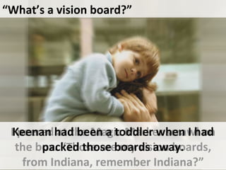 I peered at the Magic Marker scrawl on the box. “Those are my vision boards, from Indiana, remember Indiana?” Keenan had been a toddler when I had packed those boards away. “ What’s a vision board?” 