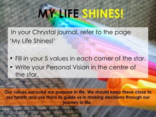 In your Chrystal journal, refer to the page  ‘ My Life Shines!’ Fill in your 5 values in each corner of the star. Write your Personal Vision in the centre of the star. MY LIFE  SHINES! Our values surround our purpose in life. We should keep these close to our hearts and use them to guide us in making decisions through our journey in life.  