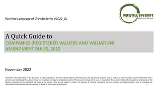 1
A Quick Guide to
COMPANIES (REGISTERED VALUERS AND VALUATION)
AMENDMENT RULES, 2022
Disclaimer: The information in this document is made available by Posiview Capital Advisors LLP (“Posiview”) for educational purposes only as well as to give the reader general information and a
general understanding of the subject. It does not constitute any legal or professional advice. This document should not be used as a substitute for competent advice from experts or professionals. The
opinions expressed in the document are those of the authors. They do not purport to reflect the opinions of Posiview necessarily. As Laws, Policies and Implementation keep on changing the
information contained may become obsolete, in whole or parts, after its publication.
November 2022
Posiview Language of Growth Series #2022_01
 