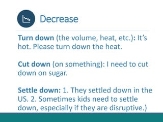 Decrease
Turn down (the volume, heat, etc.): It’s
hot. Please turn down the heat.
Cut down (on something): I need to cut
down on sugar.
Settle down: 1. They settled down in the
US. 2. Sometimes kids need to settle
down, especially if they are disruptive.)
 