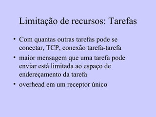 Limitação de recursos: Tarefas Com quantas outras tarefas pode se conectar, TCP, conexão tarefa-tarefa maior mensagem que uma tarefa pode enviar está limitada ao espaço de endereçamento da tarefa overhead em um receptor único 