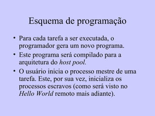Esquema de programação Para cada tarefa a ser executada, o programador gera um novo programa. Este programa será compilado para a arquitetura do  host pool. O usuário inicia o processo mestre de uma tarefa. Este, por sua vez, inicializa os processos escravos (como será visto no  Hello World  remoto mais adiante). 
